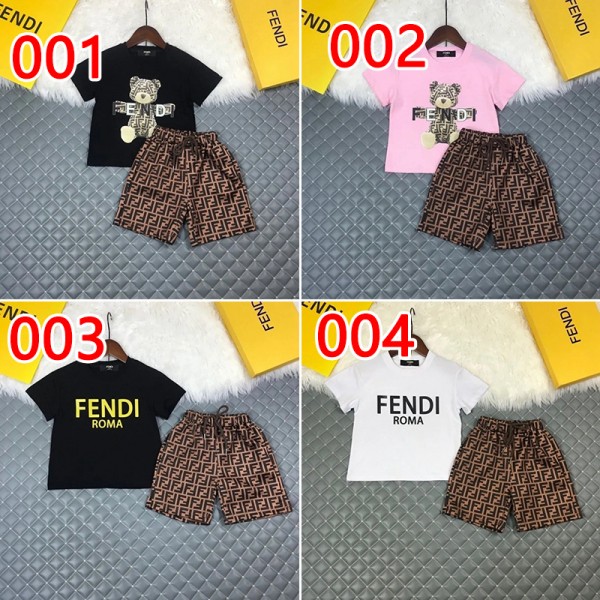 フェンディブランドキッズスーツかわいいFendiロゴ半袖tシャツ半ズボン2点セット男の子女の子やわらか純綿 夏服 上下セット