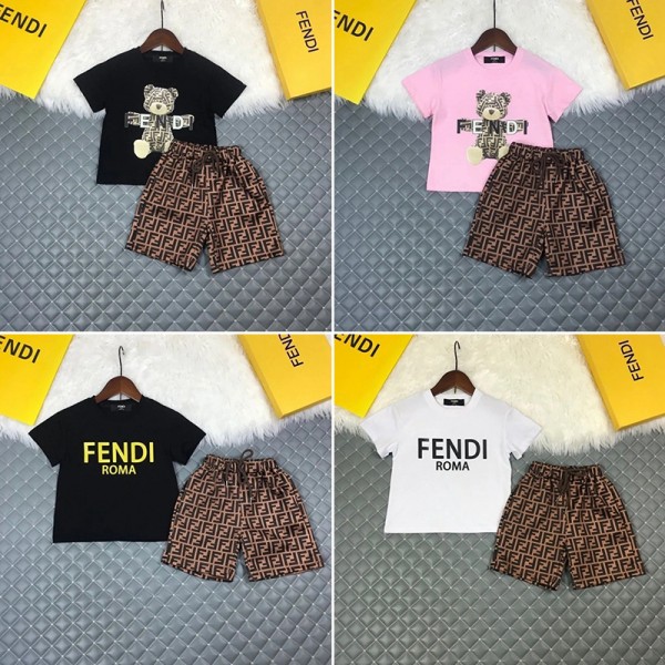 フェンディブランドキッズスーツかわいいFendiロゴ半袖tシャツ半ズボン2点セット男の子女の子やわらか純綿 夏服 上下セット