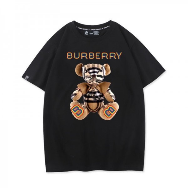 夏バーバリー半袖ｔシャツブランドレディースキャンディーカラーtシャツメンズカジュアルコットントップスかわいい熊柄ゆったりTシャツ