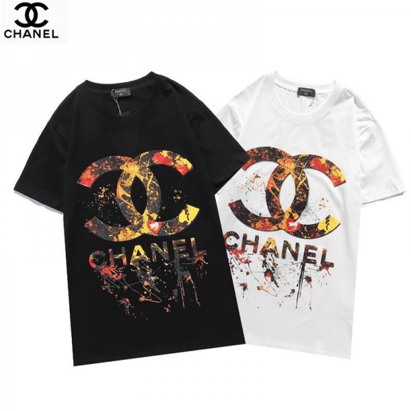 2021シャネル夏Ｔシャツブランド黒 白カップルｔシャツカジュアル丸首 半袖T-shirtかっこいいChanelロゴプリントトップス