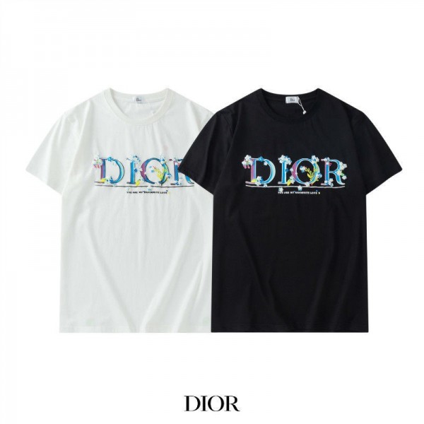 Diorディオール半袖ｔシャツブランドカジュアル丸首コットンＴシャツ男女ゆったり白 黒トップス若者愛用カップルtシャツ