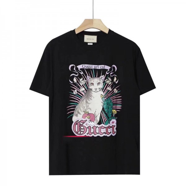 ハイブランドグッチｔシャツ春夏コットントップスカジュアル男女兼用 半袖tシャツGucciかわいいネコ絵柄T-shirt