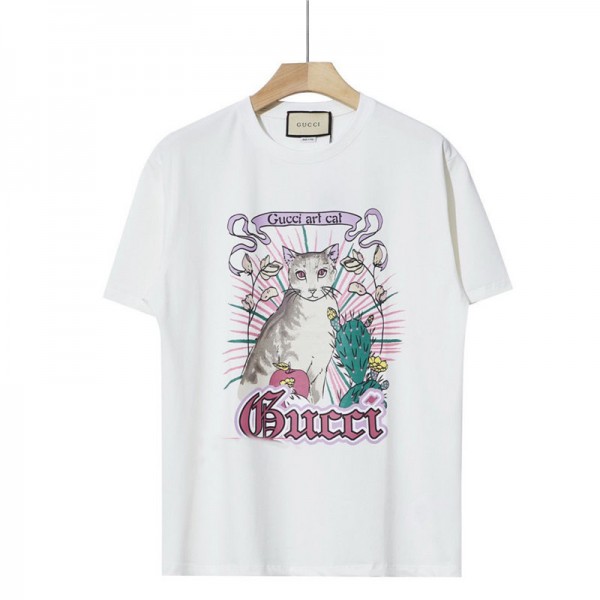 2021グッチブランドかわいい猫プリント半袖ｔシャツレディースおしゃれ丸首トップスカジュアルメンズコットン部屋服 若者愛用