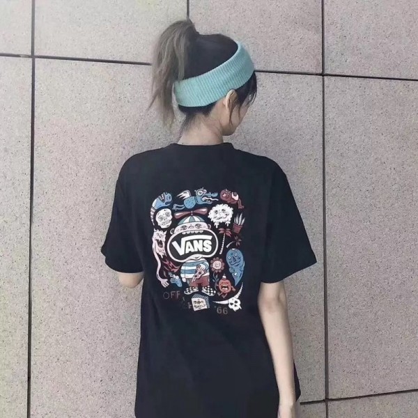 ヴァンズファッション男女ゆったり半袖ｔシャツブランド丸襟コットン上着ins欧米バンスプリントかっこいいＴシャツ