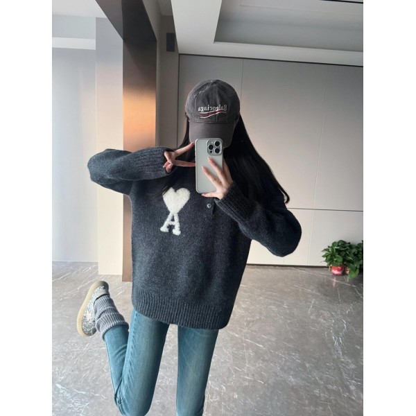 Ami Paris アミ パリス ブランドリプニット ニット セーター レディース ポロカラー 伸縮性良い 着回し力 着痩せ 通勤 プルオーバーセーター おしゃれ 秋 冬 カジュアル 長袖 トップス 暖かい きれいめ 柔らか