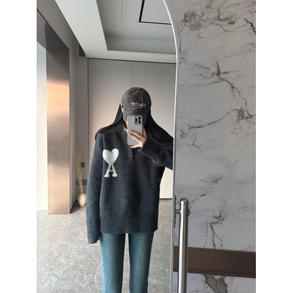 Ami Paris アミ パリス ブランドリプニット ニット セーター レディース ポロカラー 伸縮性良い 着回し力 着痩せ 通勤 プルオーバーセーター おしゃれ 秋 冬 カジュアル 長袖 トップス 暖かい きれいめ 柔らか