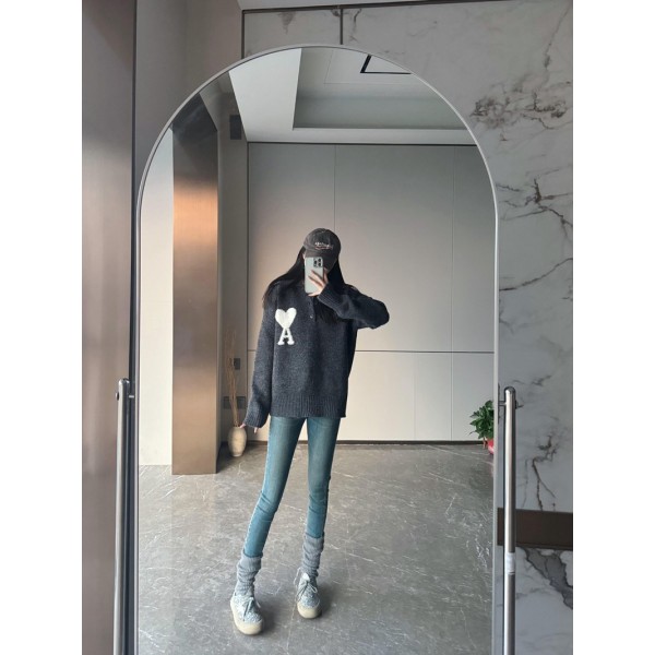 Ami Paris アミ パリス ブランドリプニット ニット セーター レディース ポロカラー 伸縮性良い 着回し力 着痩せ 通勤 プルオーバーセーター おしゃれ 秋 冬 カジュアル 長袖 トップス 暖かい きれいめ 柔らか