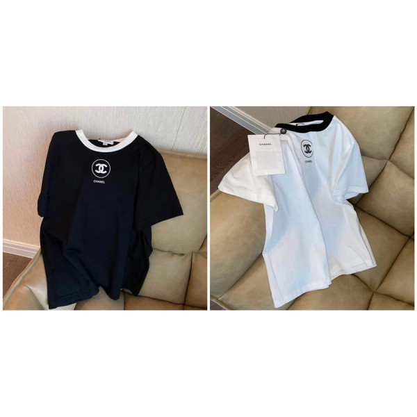 シャネル ブランドtシャツシンプル ブラック ホワイト半袖 tシャツ高品質 コットン 柔らかい 肌に優しい ティーシャツ上着 ゆったり カジュアル tシャツ トップス