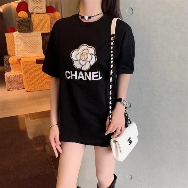 シャネル tシャツハイブランド Chanel おしゃれ ツバキ柄 半袖 tシャツ 上着 レディース向け オーバーサイズ ゆったり ティーシャツ トップス 夏