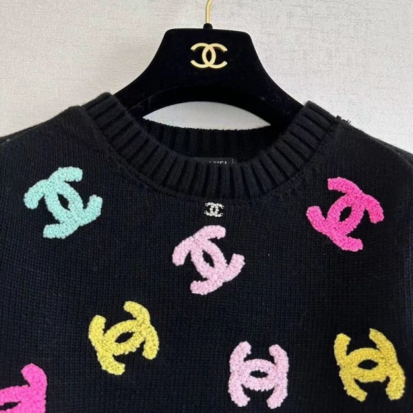 chanel シャネル セーター ブランド 短袖 ニット製 ゆったりスウェット モノグラム 黒白 ファッション お洒落