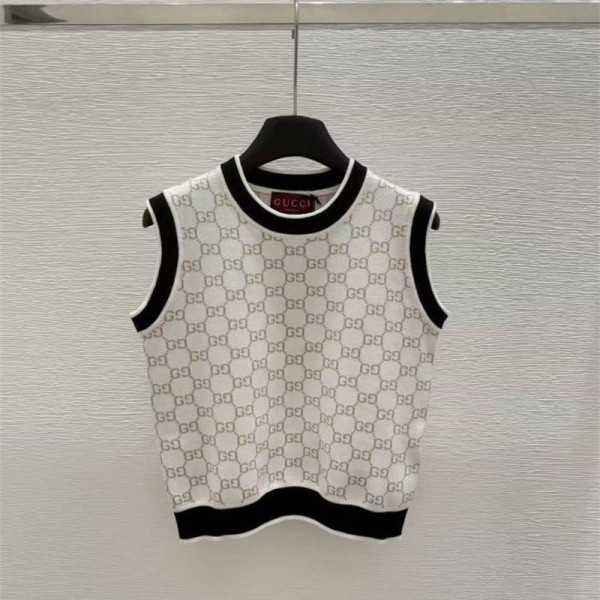 Gucci グッチブランドタンクトップ レディース ニット ノースリーブ 夏 キャミソール Tシャツ S - 2XL 薄手 カットソー サマーニット GGモノグラム  おしゃれ ニットタンクトップス インナー 重ね着 レイヤード さらさら 柔らか カジュアル
