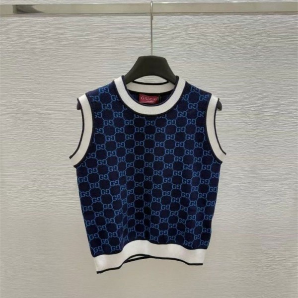Gucci グッチブランドタンクトップ レディース ニット ノースリーブ 夏 キャミソール Tシャツ S - 2XL 薄手 カットソー サマーニット GGモノグラム  おしゃれ ニットタンクトップス インナー 重ね着 レイヤード さらさら 柔らか カジュアル
