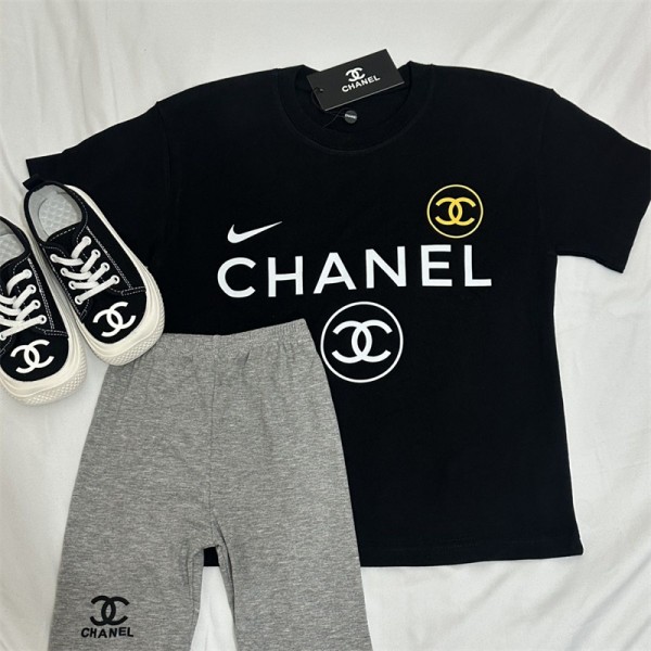 Chanel シャネルブランドCHANEL風 子供服 半袖Tシャツ+ショーツ セットアップ キッズ夏服 ブラック 柔らかい 高品質 おしゃれ 90¬150cm 