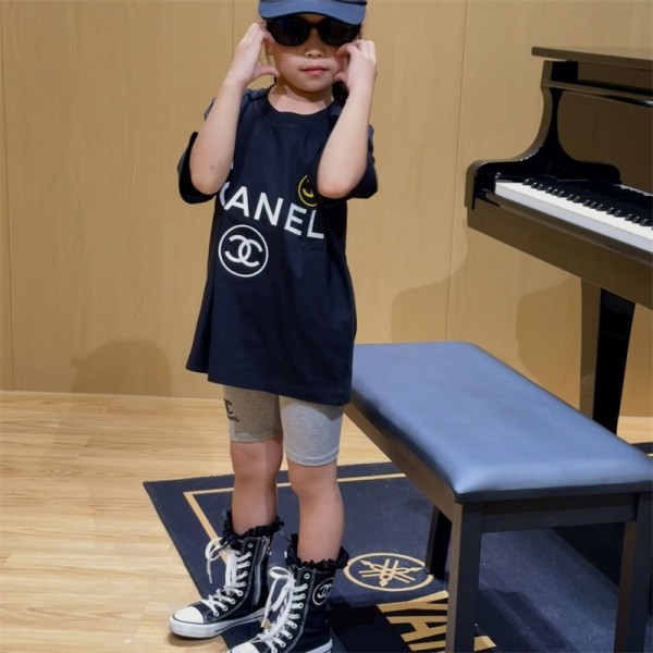 Chanel シャネルブランドCHANEL風 子供服 半袖Tシャツ+ショーツ セットアップ キッズ夏服 ブラック 柔らかい 高品質 おしゃれ 90¬150cm 