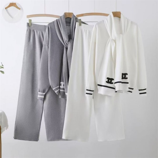 Chanel シャネルハイブランドニットセットアップ レディース 2点セット エレガント リブトップス ワイドパンツ ルームウェア 長袖 上下 二点セット 丸首 セーター スカーフ付き ロング ファッション カジュアル きれいめ ゆったり 上品 柔らかい 部屋着 通勤 春 秋冬 Chanel シャネルハイブランドニットセットアップ レディース 2点セット エレガント リブトップス ワイドパンツ ルームウェア 長袖 上下 二点セット 丸首 セーター スカーフ付き ロング ファッション カジュアル きれいめ ゆったり 上品 柔らかい 部屋着 通勤 春 秋冬