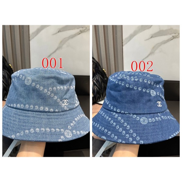 Chanel シャネルブランドバケットハット デニム プリント柄帽子 レディース 日除け止めハット バケハ 折りたたみ デニムハット UV つば広