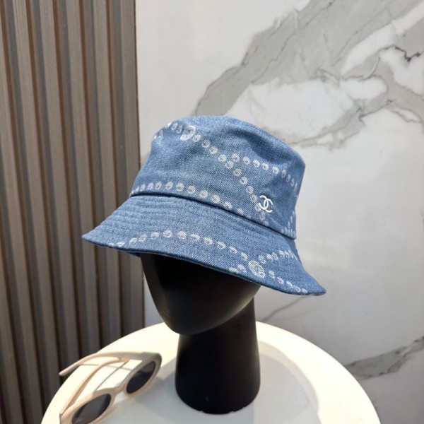 Chanel シャネルブランドバケットハット デニム プリント柄帽子 レディース 日除け止めハット バケハ 折りたたみ デニムハット UV つば広