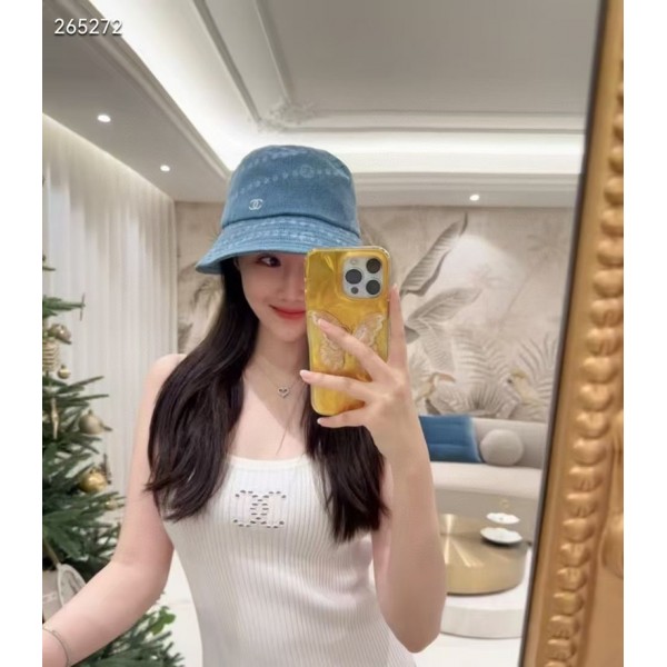 Chanel シャネルブランドバケットハット デニム プリント柄帽子 レディース 日除け止めハット バケハ 折りたたみ デニムハット UV つば広