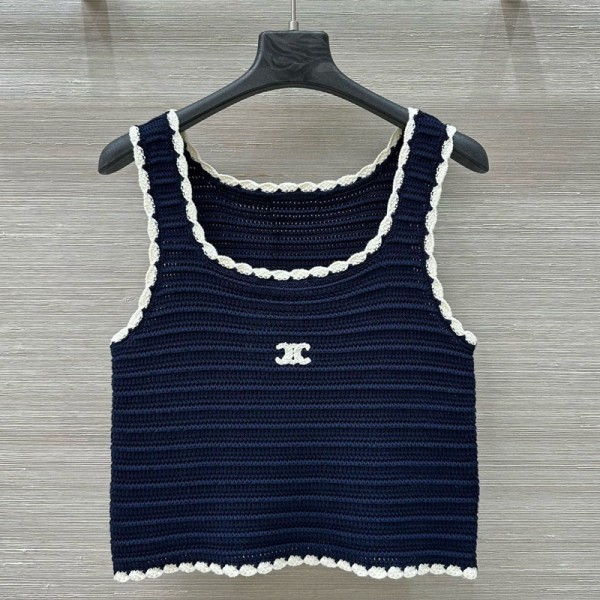 CELINE セリーヌブランドベスト レディース ニット編み Uネック ノースリーブ 刺繍柄 サマーニットトップス きれいめ カジュアル 上着 レトロ 編み風 着瘦せ 通気 S-XL チョッキ 通勤