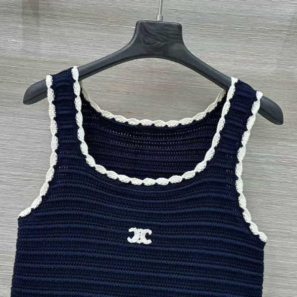 CELINE セリーヌブランドベスト レディース ニット編み Uネック ノースリーブ 刺繍柄 サマーニットトップス きれいめ カジュアル 上着 レトロ 編み風 着瘦せ 通気 S-XL チョッキ 通勤