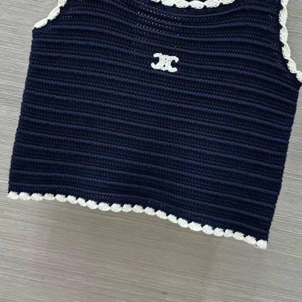 CELINE セリーヌブランドベスト レディース ニット編み Uネック ノースリーブ 刺繍柄 サマーニットトップス きれいめ カジュアル 上着 レトロ 編み風 着瘦せ 通気 S-XL チョッキ 通勤