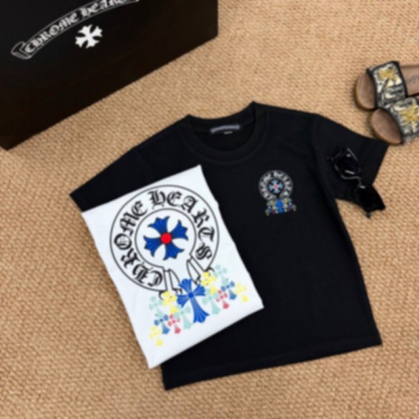 クロムハーツ Chrome Hearts子供tシャツハイブランドキッズ 半袖 Tシャツ 流行り 男の子 女の子 子供服 ベビー服 ストリート風 ワイドシルエット 綿 先染め 夏服 90-150cm