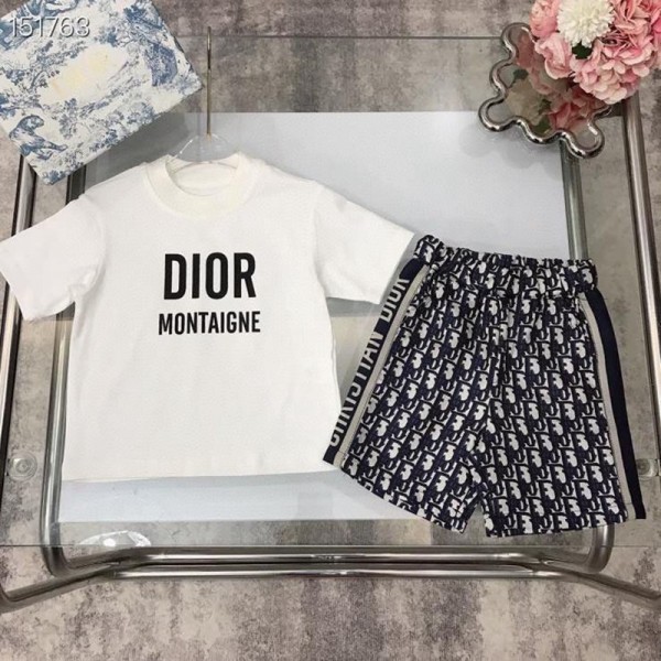 Dior ディオール ブランド 子供服 Tシャツ ハーフパンツ 2点セット ファッション 潮流 定番ロゴ 半袖 Tシャツ 半ズボン スーツ 90 - 160cm