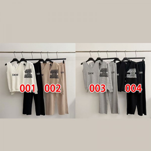 ディオールブランドレディース ニット セットアップ 秋冬 3点セット Dior カーディガン ニットパンツ ニットタンクトップ 長袖 ジャガード柄 きれいめ 着痩せ ニットワンピース 上下セット カジュアル S - 2XL