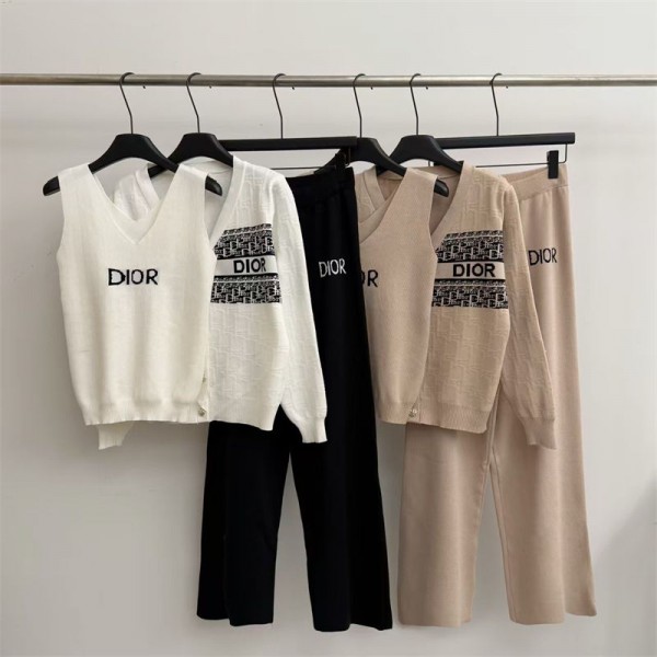 ディオールブランドレディース ニット セットアップ 秋冬 3点セット Dior カーディガン ニットパンツ ニットタンクトップ 長袖 ジャガード柄 きれいめ 着痩せ ニットワンピース 上下セット カジュアル S - 2XL
