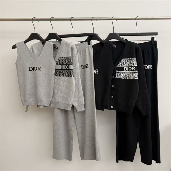 ディオールブランドレディース ニット セットアップ 秋冬 3点セット Dior カーディガン ニットパンツ ニットタンクトップ 長袖 ジャガード柄 きれいめ 着痩せ ニットワンピース 上下セット カジュアル S - 2XL