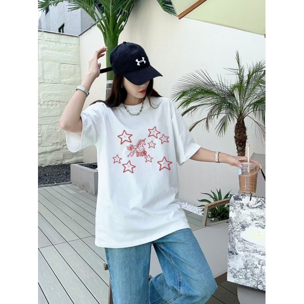 Dior ディオールブランド半袖tシャツブランド黒白tシャツオーバーサイズブランドペア揃いtシャツ上着カジュアルTシャツカットソーペアカップル XS¬5XL