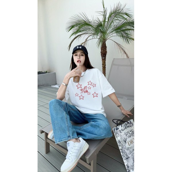 Dior ディオールブランド半袖tシャツブランド黒白tシャツオーバーサイズブランドペア揃いtシャツ上着カジュアルTシャツカットソーペアカップル XS¬5XL