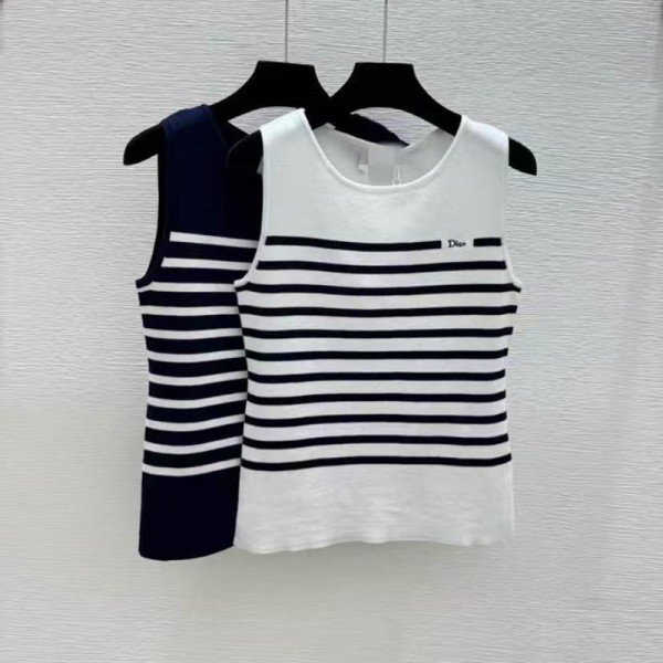 Dior ディオールブランド韓国 tシャツノースリーブ ニット トップス レディース 袖なし セーター カットソー S-XL リブニット シンプル オーダー柄 着痩せ 伸縮性 薄手 スリム 無地 春 秋 夏 