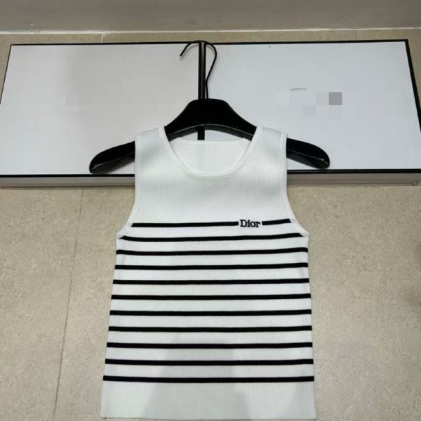 Dior ディオールブランド韓国 tシャツノースリーブ ニット トップス レディース 袖なし セーター カットソー S-XL リブニット シンプル オーダー柄 着痩せ 伸縮性 薄手 スリム 無地 春 秋 夏 