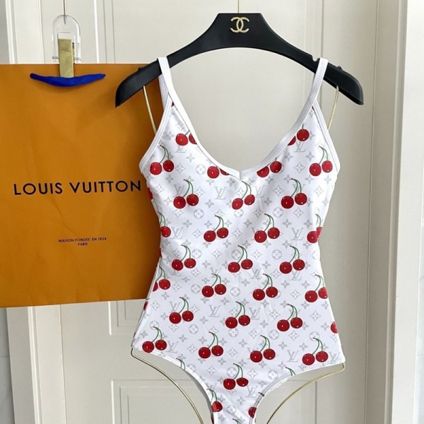 Lv ルイヴィトンブランドビキニワンピースレディース 水着 セクシー スイミング服 ローバック ワンピース水着 女性用 S-XL オールインワン 夏 チェリー柄 ビキニ 胸パッド付き 無袖 ノースリーブ UVカット