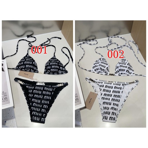 ミュウミュウ MiuMiu ブランド水着 レディース ビキニ 三角ビキニ ストライプ パット付き 上下セット リボン かわいい スイムウェア エレガント 温泉 海 プール 旅行 S-XL