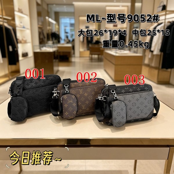Lv ルイヴィトンハイブランドモノグラム 3ウェイ トライオショルダーバッグ 2個セット クロスボディ 斜めがけバッグ ミニポーチ付き メンズ カジュアル 通勤 大人カジュアル 黒グレー  