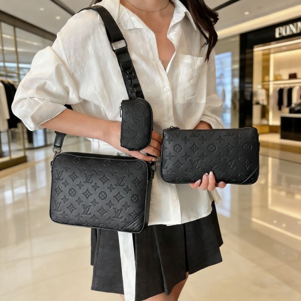 Lv ルイヴィトンハイブランドモノグラム 3ウェイ トライオショルダーバッグ 2個セット クロスボディ 斜めがけバッグ ミニポーチ付き メンズ カジュアル 通勤 大人カジュアル 黒グレー  