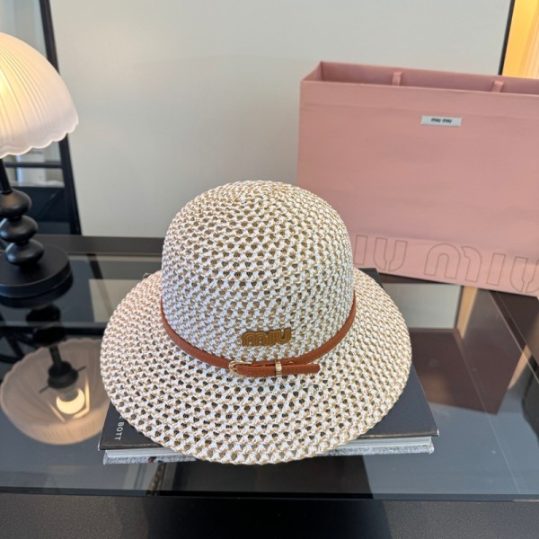 ミュウミュウ MiuMiuブランドレディース ストローハット 天然マラン草編み帽子 サンハット ブリティッシュスタイル フラットトップ 透かし編み UVカット リゾート 夏用