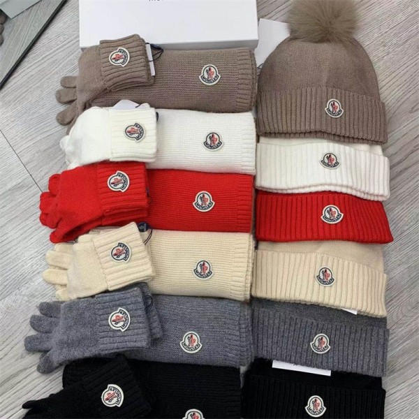 Moncler モンクレールハイブランドニット帽子 マフラー 手袋 3点セット メンズ レディース ニット帽 ネックウォーマー グローブ カーフ フリース 防寒 保温 防寒 防風 スキー 自転車 アウトドア クリスマス 男女兼用