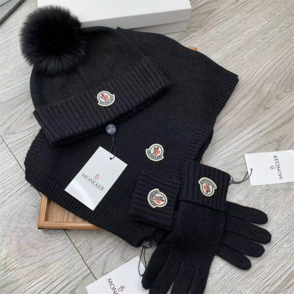 Moncler モンクレールハイブランドニット帽子 マフラー 手袋 3点セット メンズ レディース ニット帽 ネックウォーマー グローブ カーフ フリース 防寒 保温 防寒 防風 スキー 自転車 アウトドア クリスマス 男女兼用