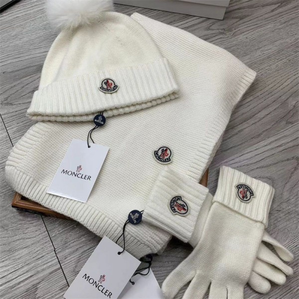 Moncler モンクレールハイブランドニット帽子 マフラー 手袋 3点セット メンズ レディース ニット帽 ネックウォーマー グローブ カーフ フリース 防寒 保温 防寒 防風 スキー 自転車 アウトドア クリスマス 男女兼用