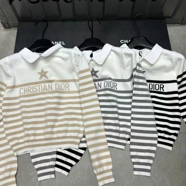 Dior ディオールハイブランドセーター レディース 長袖 ニット トップス 襟付き バイカラー S - L ブラウス ケーブル編み 上品 柔らか 暖かい 伸縮性 着回し 着痩せ セーター 普段着 通勤 秋 冬