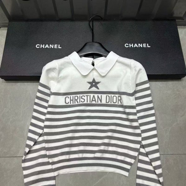 Dior ディオールハイブランドセーター レディース 長袖 ニット トップス 襟付き バイカラー S - L ブラウス ケーブル編み 上品 柔らか 暖かい 伸縮性 着回し 着痩せ セーター 普段着 通勤 秋 冬