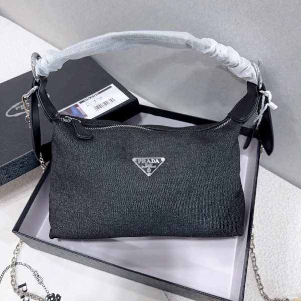 Prada プラダブランドハンドバッグ レディース デニム ショルダーバッグ 2way 斜めがけ 大人可愛い チェーンバッグ ジーンズ素材 手提げバッグ 肩掛け おしゃれ カジュアル こなれ感