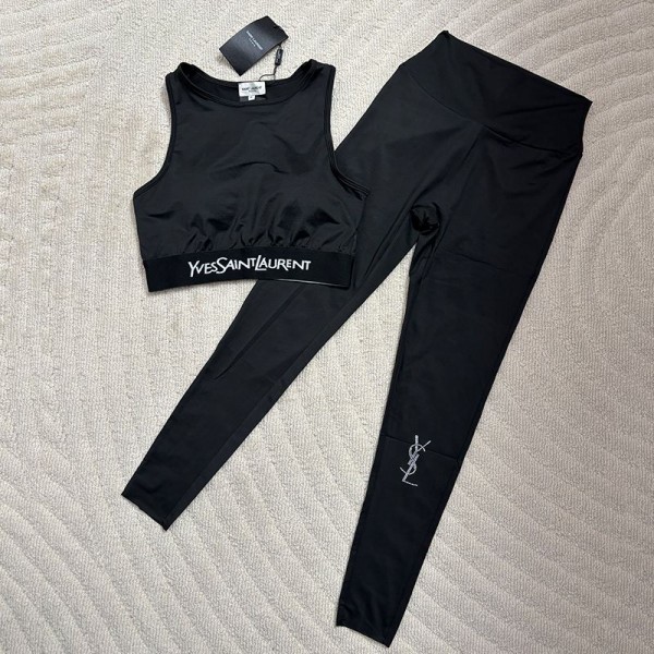 Ysl イブサンローランブランドおしゃれ 上下セット ヨガウェア レディース ピラティス ウェア セットアップ 着痩せ ランニングウェア カップ付き ヨガブラ ヨガパンツ ジムウェア ブラック S - XL