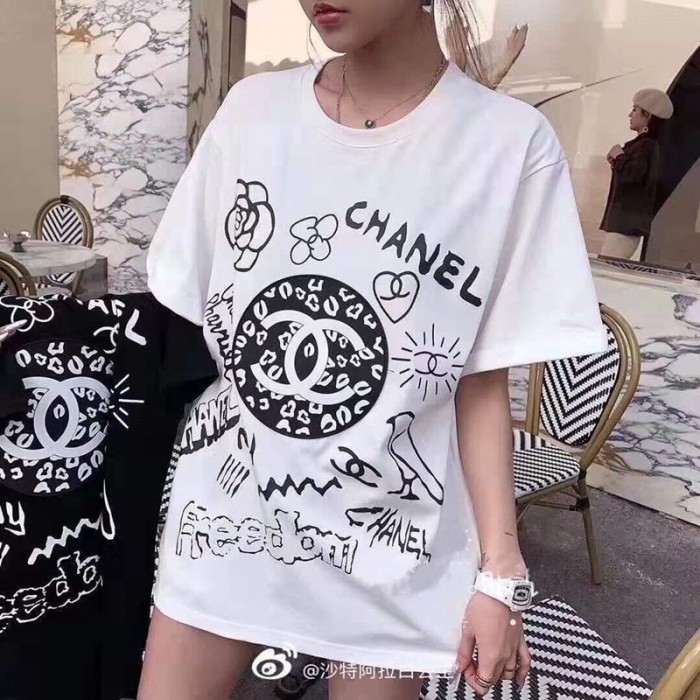 シャネルT-shirt 夏の半袖 個性的 ダンス 衣装 韓国 大きいサイズ Tシャツ原宿系 黒白プリントファッション レディース通学 激安ハイブランド