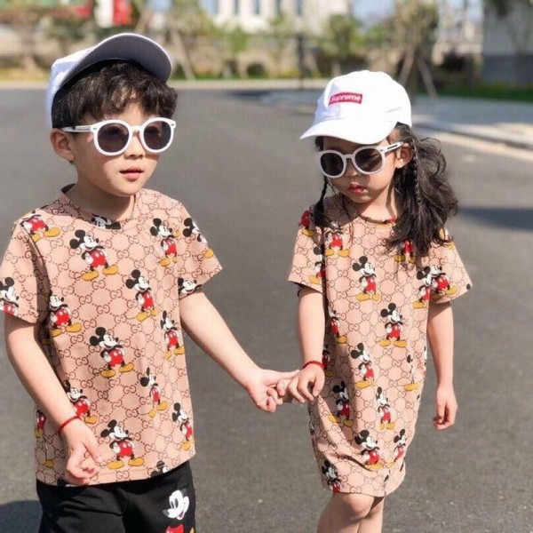 ハイブランドグッチＴシャツ子供服男の子と女の子夏服 スカートGUCCIロゴディズニーミッキーパターンラウンドネックかわいい半袖 コットン快適 キッズ ルームウェア セット ショートパンツ 