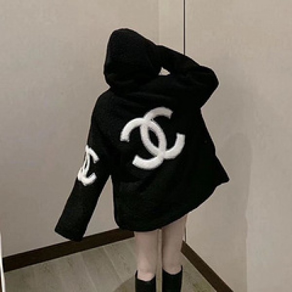 chanel 毛皮/ファーコート 秋冬 ソフト 暖かい オシャレ小香風 ジッパー コート帽子付きレディース向け CHANEL 黒 白 シンプル カジュアル 大きいサイズ コート 若者愛用 