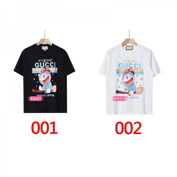 2021春夏グッチ半袖tシャツブランドかわいいドラえもんプリント丸首コットン高品質tシャツレディースメンズ肌に優しいトップス